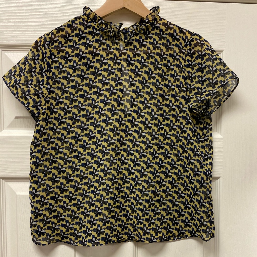zara ruffle accents monk neckline floral tops